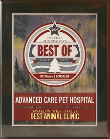 Advanced Care Pet Hospital 2019 Finalist in Central Minnesota's Best Of Reader's Survey, SC Times | LOCALiQ. Award Winner Finalist - Best Animal Clinic